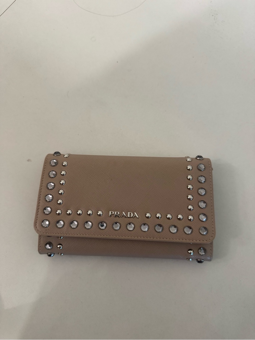 Prada Beige Studded Saffiano Leather Wallet